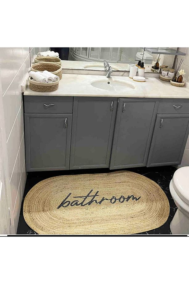 Bath Yazılı Desenli Halat Hasır Jüt Örgü Oval Banyo Halısı Klozet Duş Önü Paspası - 5