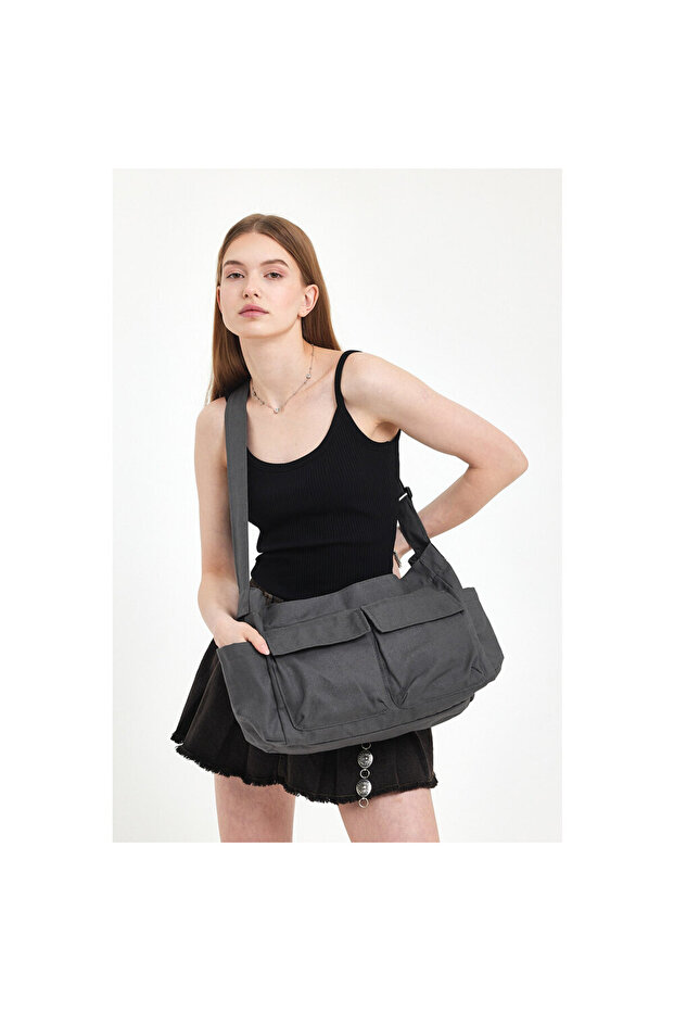 Gray Pocket Detailed Canvas Tote Adjustable Handle /Wide Inner Volume / Cargo Pocket School Bag Length:27 Width:37