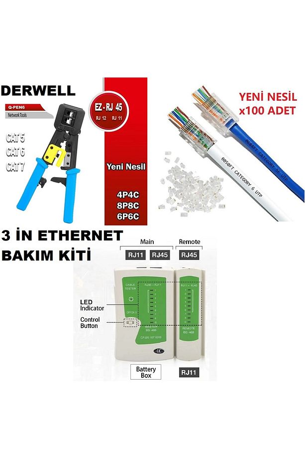 Yeni Nesil Pense + Ez Rj45 Delikli 100 lü + Jak Test Cihazı + Ethernet İnternet 3 in 1 Bakım Seti - 1