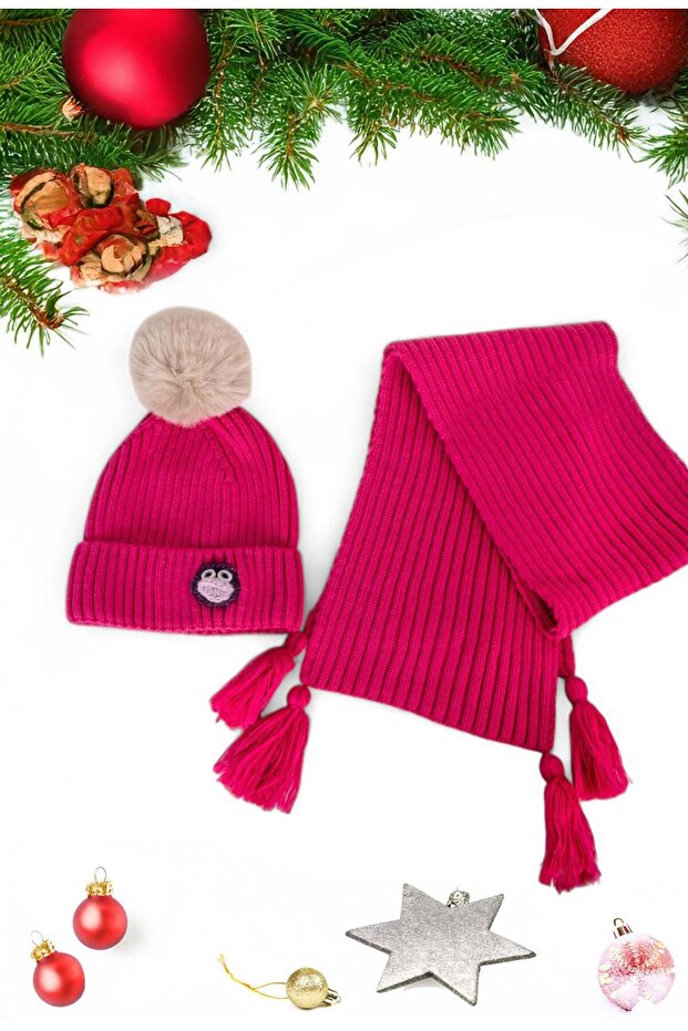 Fuchsia Duck Embroidered Children's 1-8 Years Old Scarf and Beanie Set