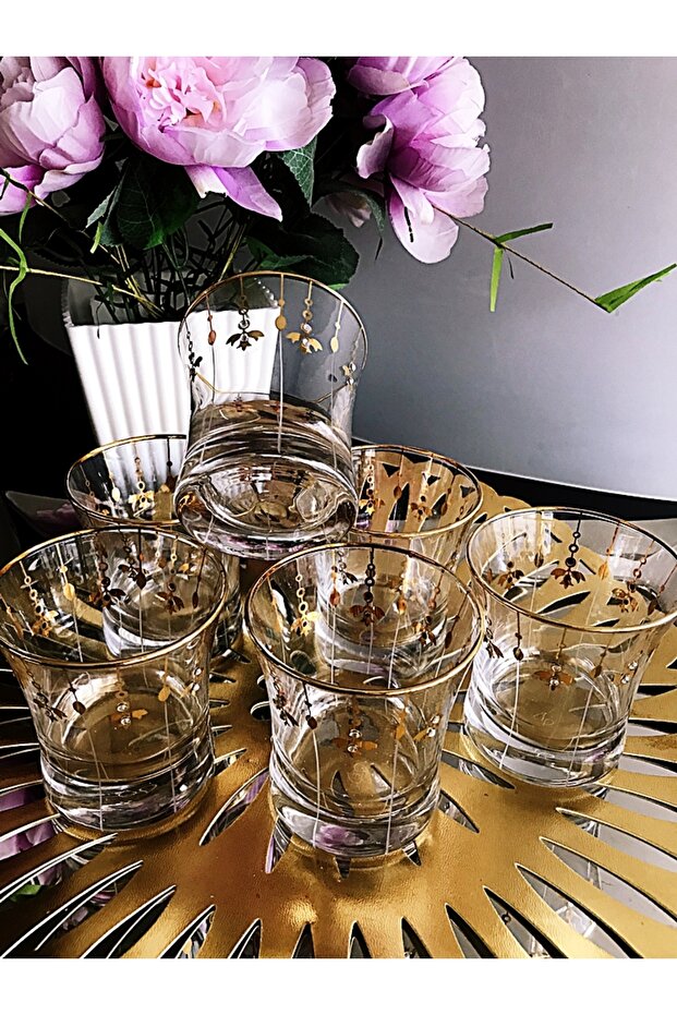Gold Lale taşlı su bardağı 6 adet - 3