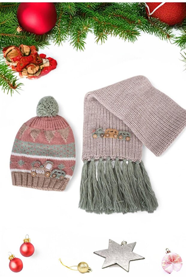 Camel Color Pompom Car Embroidered Beanie and Car Embroidered Tassel 9-15 Years Old Scarf Set