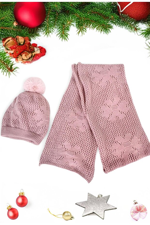 Dusty Rose Plain Pompom Patterned Women's Scarf and Beanie Set