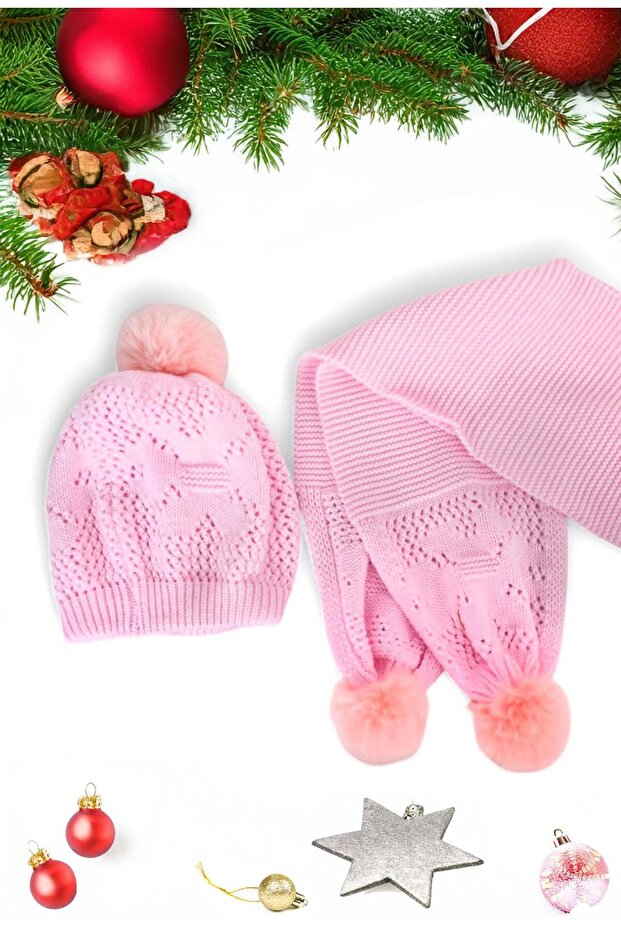 Pink Plain Patterned Pompom 1-8 Years Old Children's Scarf and Beanie Set