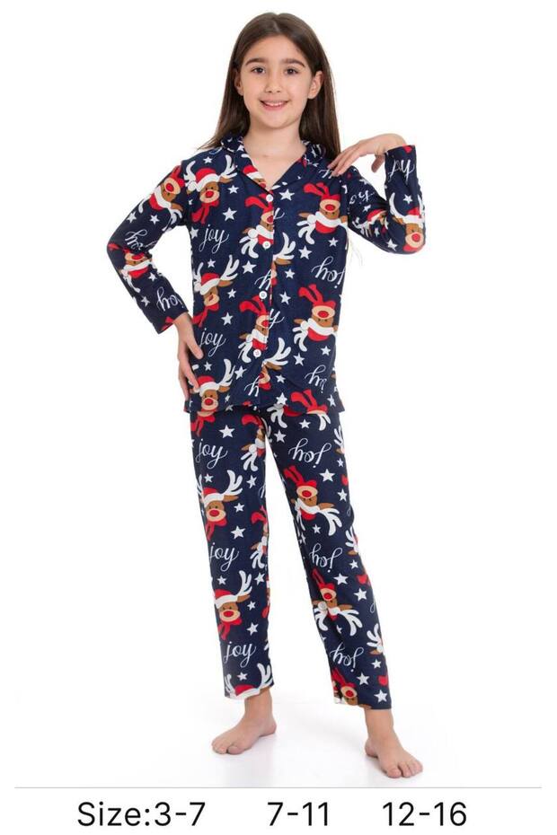 Girl's Christmas Christmas Theme Button Pajamas Set Blue