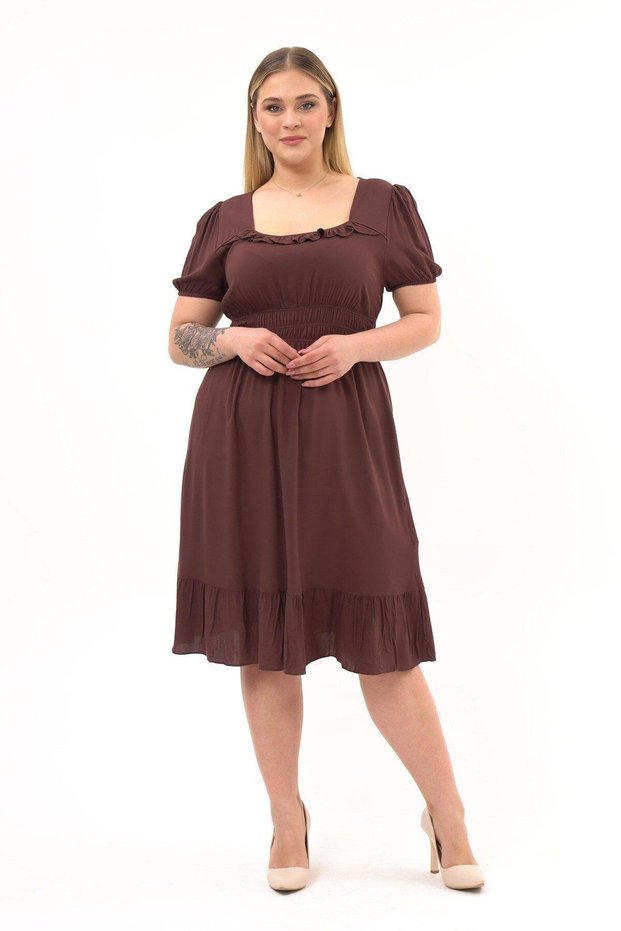 Apsen Women's Brown Square Neck Ruffle Detail Midi Length Summer Viscon Dress 4467-110