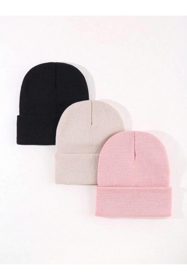 Unisex Folded Black, stone, pink 3-Piece Beret Set