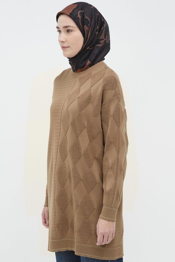 Baklava Desen Triko Tunik - Camel - 5