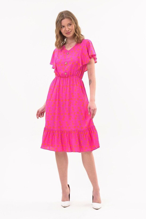 Apsen Women's Eelbise Fuchsia Buttoned Flounce Detailed Summer Midi Dress 4436-105