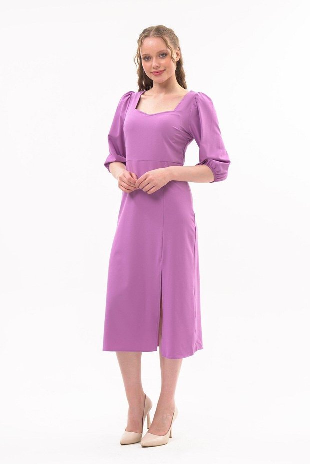 Apsen Women's Lilac Slit Detailed Pentagonal Collar Midi Crepe Dress 4444-120