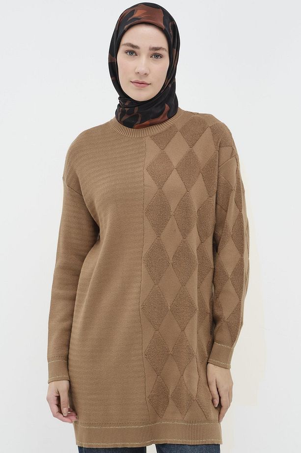 Baklava Desen Triko Tunik - Camel - 4