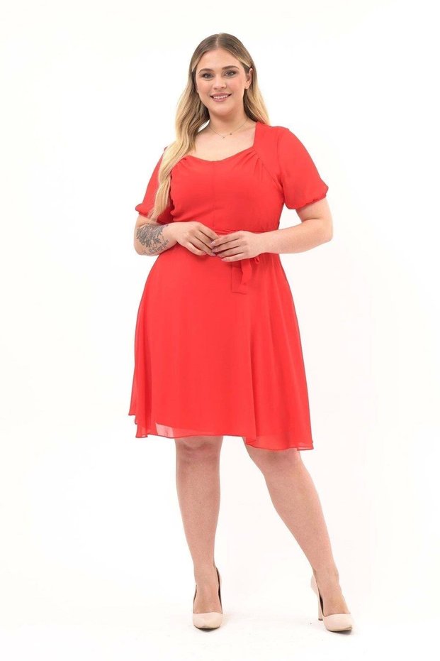 Apsen Women's Pomegranate Flower Collar Pleated Detailed Short Sleeve Midi Length Chiffon Dress 4469/105
