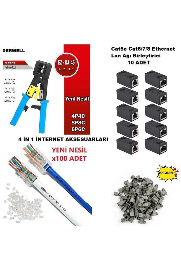 Yeni Nesil Pense Ez Rj45 Delikli 100 lü  Ethernet İnternet Cat5e 6/7/8 Ethernet Birleştirici 10 Adet - 1