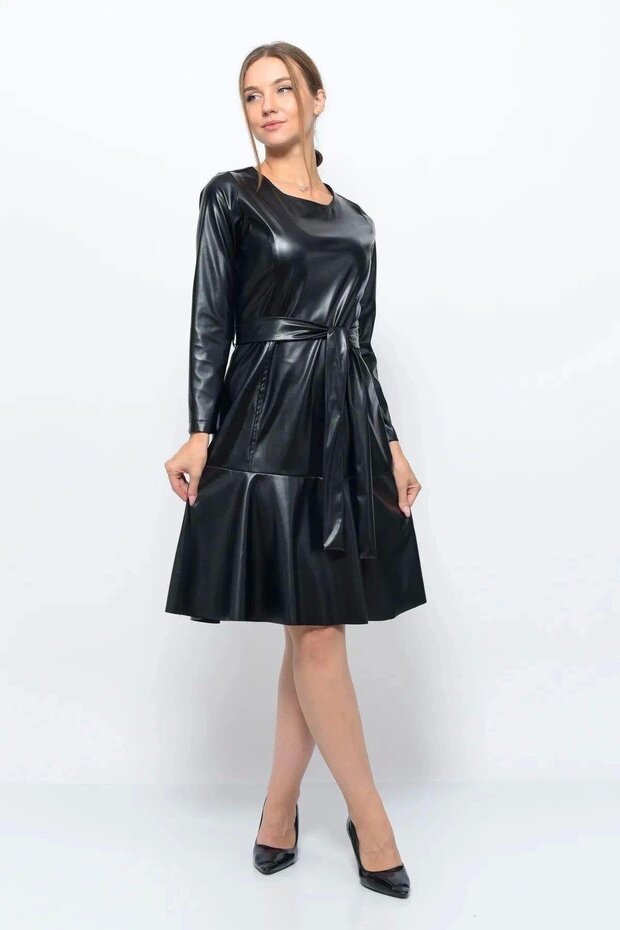 Apsen Women's Black Crew Neck Leather Look Winter Dress with Tie Detail 4357-100
