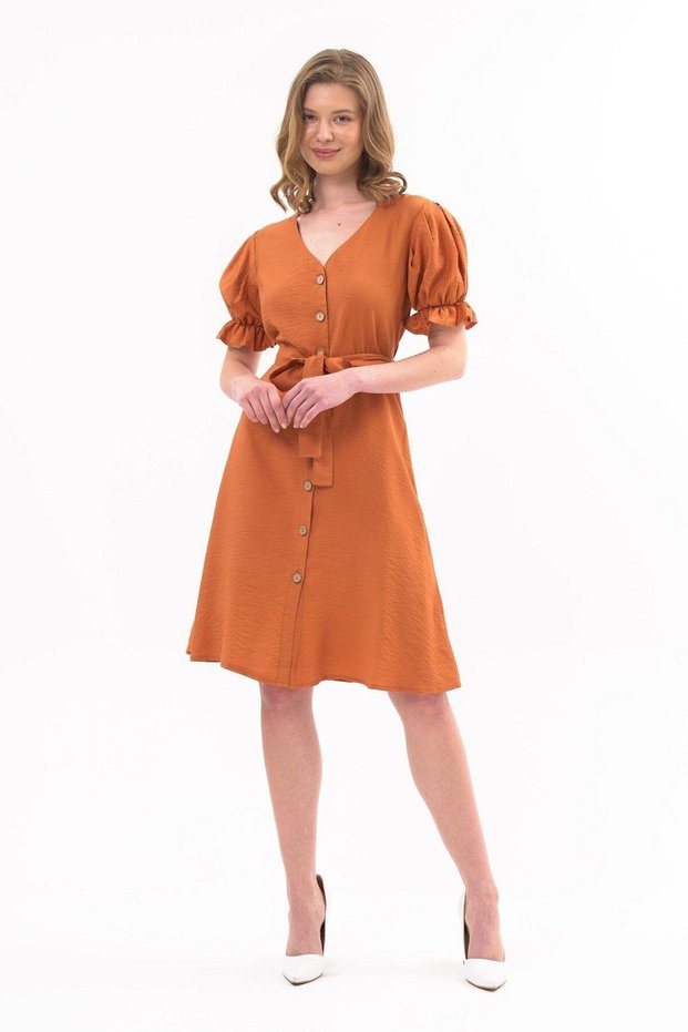 Apsen 4366/100 Women's New Season V-Neck Dress with Lacing Detail and Buttons