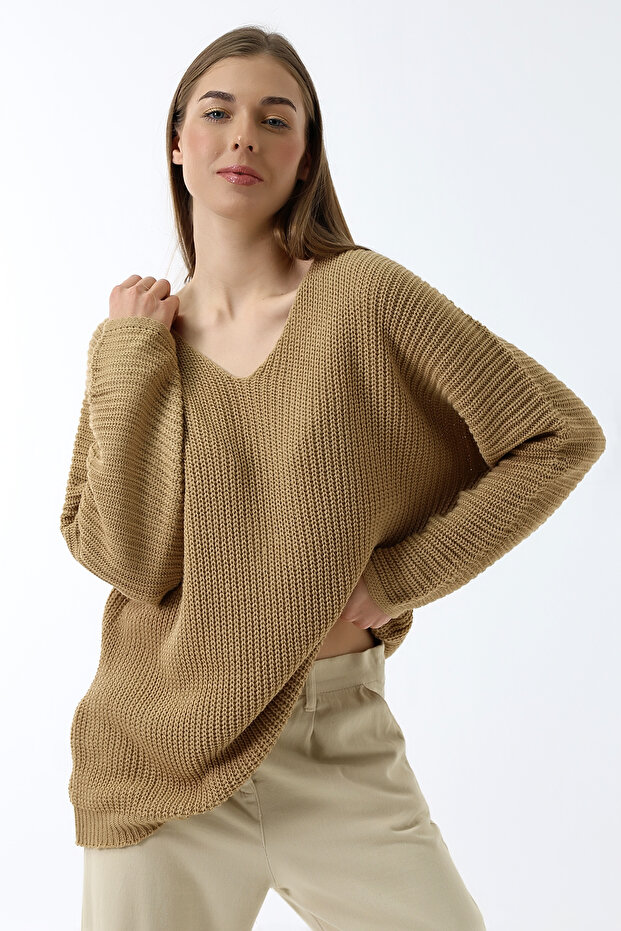 Women's Brown Oversize Casual V-Neck Knitwear Sweater