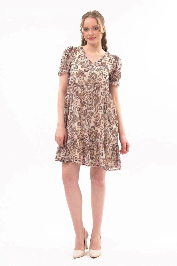 Apsen Women's Beige New Season Drawstring Detailed Floral Patterned Chiffon Dress 4316-95