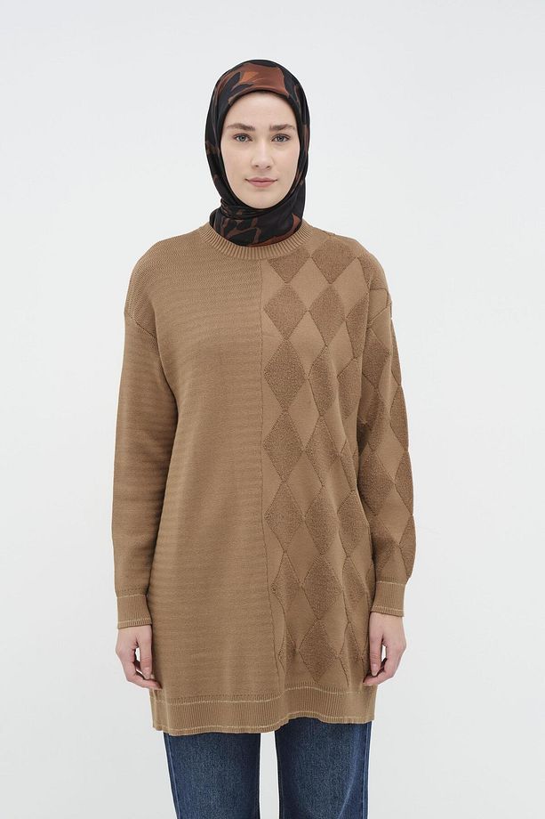 Baklava Desen Triko Tunik - Camel - 3