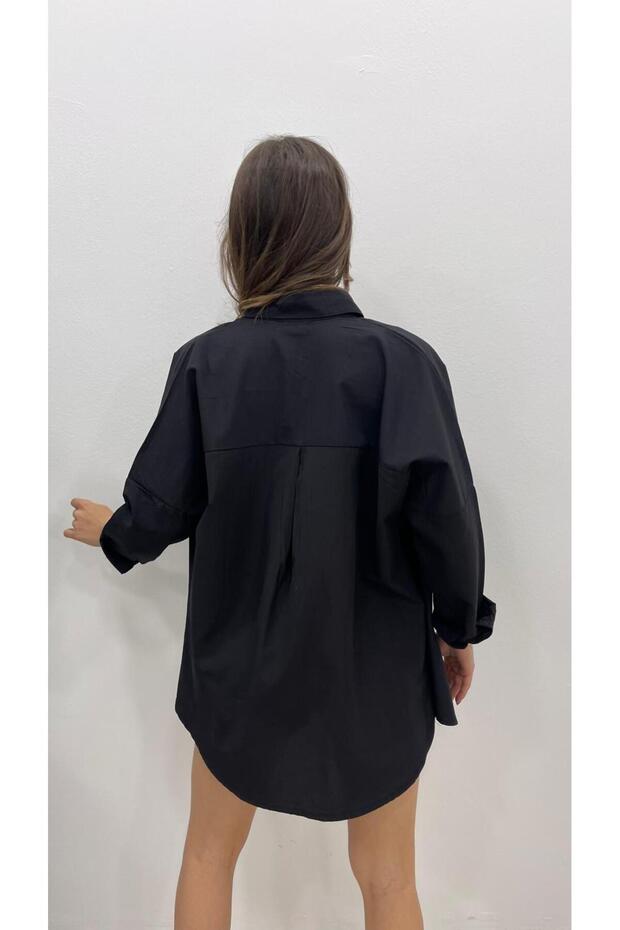 KADIN SİYAH UZUN BASİC GÖMLEK - 3