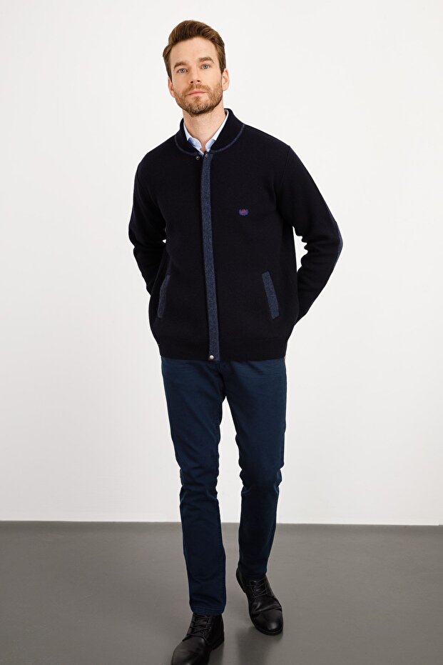 Men's Pique Woven Zipper Pocket Knitwear Coat Dark Navy Blue
