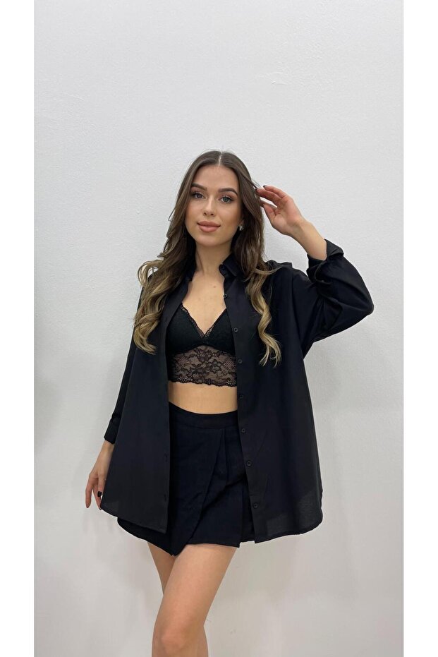 KADIN SİYAH UZUN BASİC GÖMLEK - 1