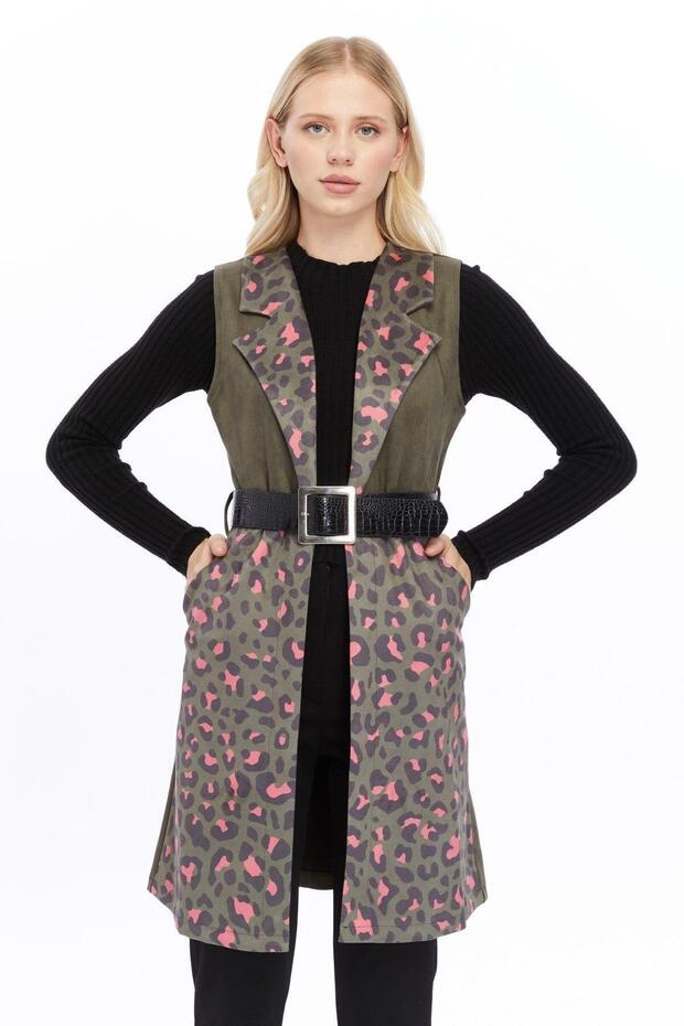 Apsen Women's Khaki Belted Pocketed Winter Leopard Patterned Suede Vest 8023/95