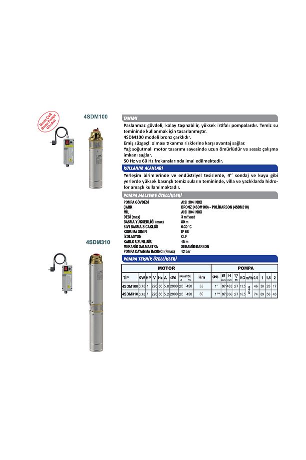 4SDM100 4'' Paslanmaz Dalgıç Pompa Monofaze (220V) 1 HP (Panolu, 15 m. Kablolu) - 2