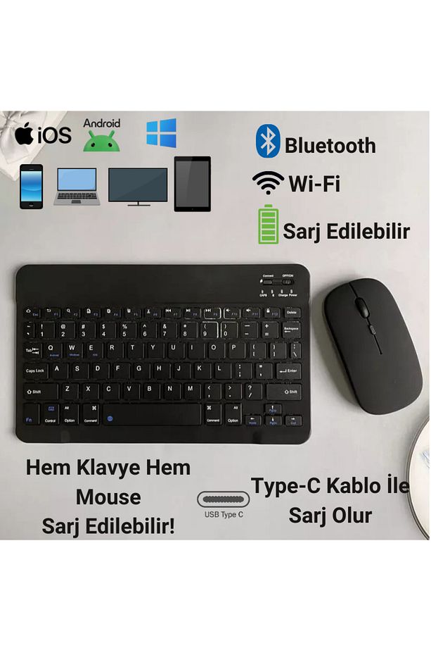Raynox Bluetooth + Wifi Kablosuz Sarjlı Klavye Mouse Set Sessiz Click Tablet+Telefon+PC+TV Uyumlua - 1