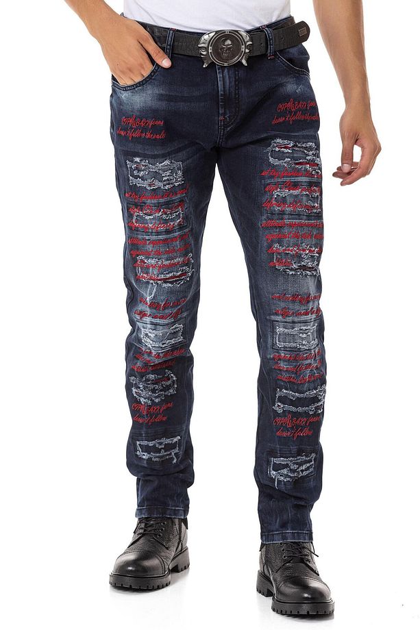 CD694 Yırtık Detaylara Sahip Yazı İşlemeli Erkek Jean Pantolon - 1
