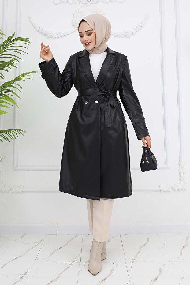Leather Trench Coat Black 4953