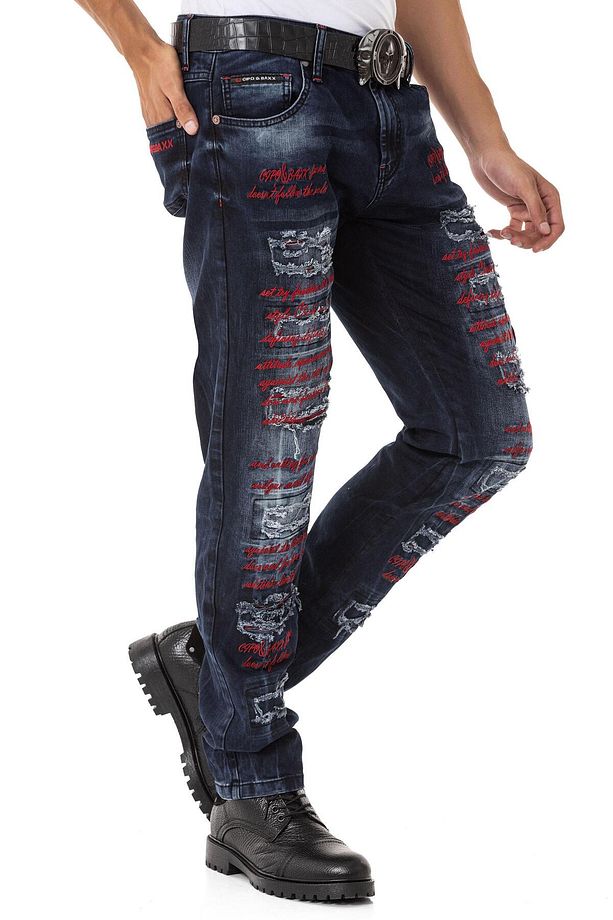 CD694 Yırtık Detaylara Sahip Yazı İşlemeli Erkek Jean Pantolon - 2