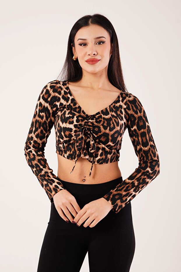 Leopard Print Front Drawstring Crop Top - 5