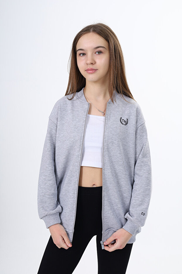 Girls' College Collar Zippered Pocket Low Shoulder Printed Knitted Cardigan - 2 Thread Raised