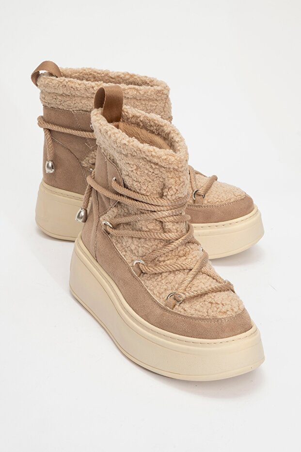DİLA Sötétbézs műszőrme női vastag talpú hócsizma - 1