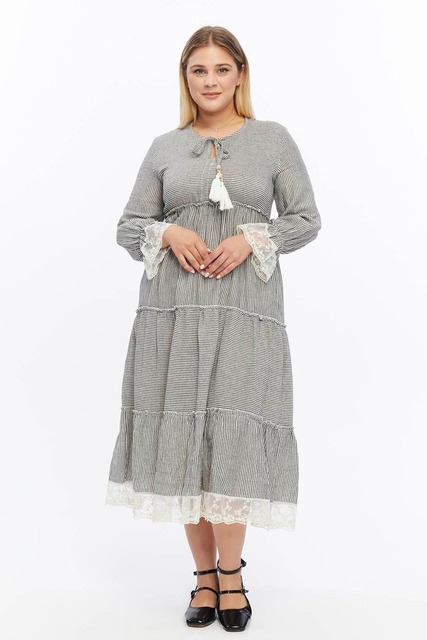 Striped Muslin Lace Detailed Dress Black
