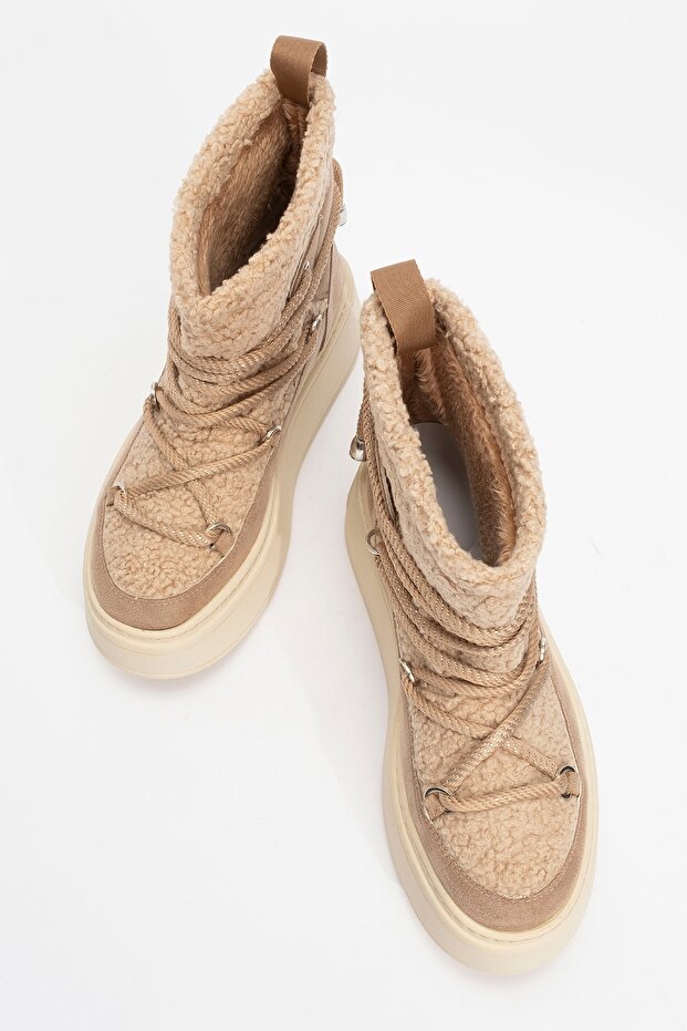 DİLA Sötétbézs műszőrme női vastag talpú hócsizma - 2