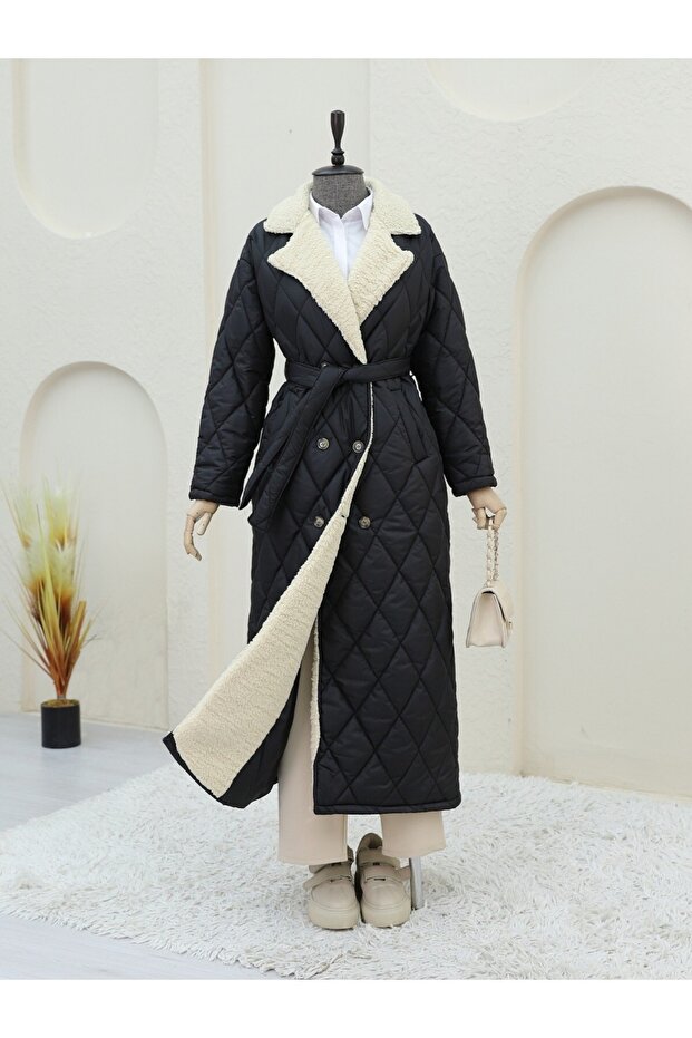 Front Buttoned Sheepskin Lined Quilted Coat - Black