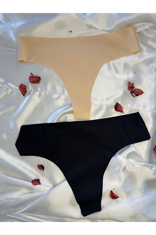 LUST Mikro Lazer İz Yapmayan Pamuklu Siyah ve Ten Renkli String Tanga Külot - 1