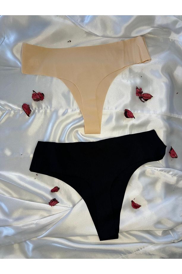 LUST Mikro Lazer İz Yapmayan Pamuklu Siyah ve Ten Renkli String Tanga Külot - 2