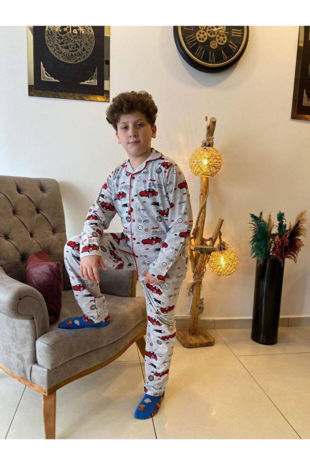 Car Patterned Boy's Button Pajamas Set - 1