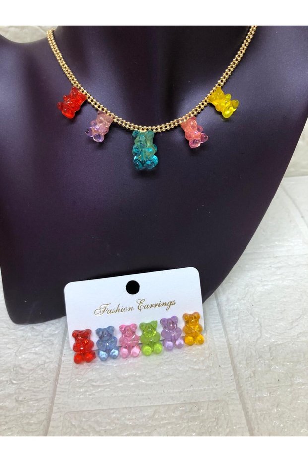 Colorful 6 Pieces Jelibon Teddy Bear Earrings Set and Necklace Set - New Year Christmas Gift