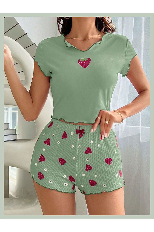PA Giyim Kadın Çilek Desenli Marul  Kısa Kollu Üst ve Şort Pijama Takımı - 5