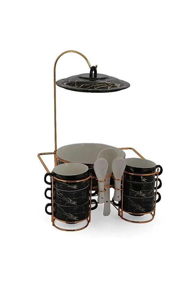 Al Saif Gallery porcelain soup set, 15 pieces, gold stand - black marble