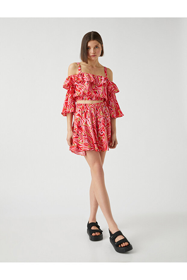 Patterned Crop Blouse Frilly Off Shoulder - 2