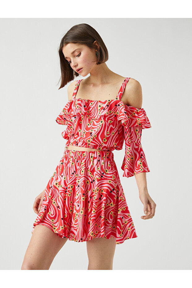 Patterned Crop Blouse Frilly Off Shoulder - 1