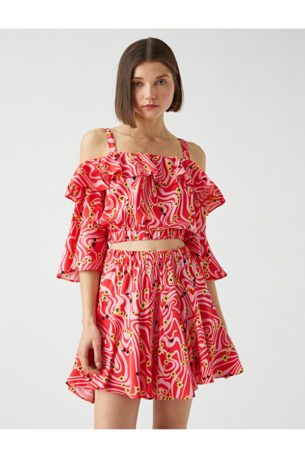 Patterned Crop Blouse Frilly Off Shoulder - 3