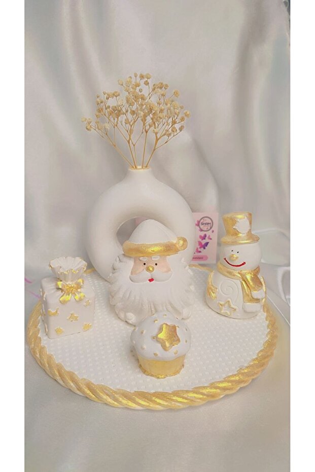 Winter Decorations, a Snowman and Santa Claus, with a Gift and a Vase