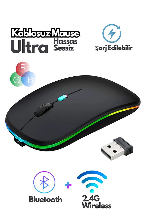 Bluetooth Wireless Kablosuz Mouse Çift Modlu Usb 2.4g Şarj Edilebilir 800/1200/1600dpi Rgb Led - 1