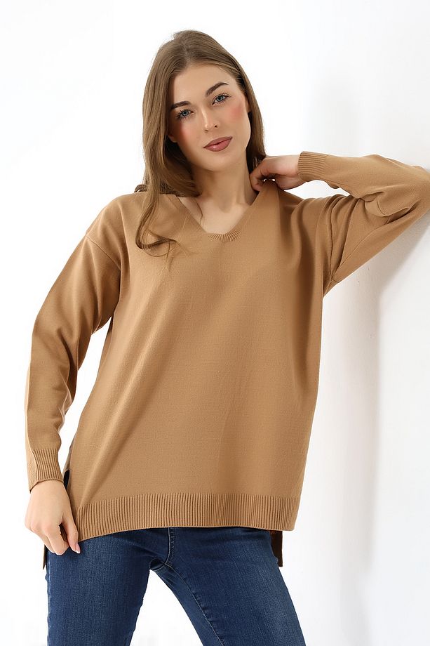 Kadın V Yaka Uzun Kollu İnce Dokuma Oversize Yırtmaçlı Triko Kazak Açık Kahve - 6