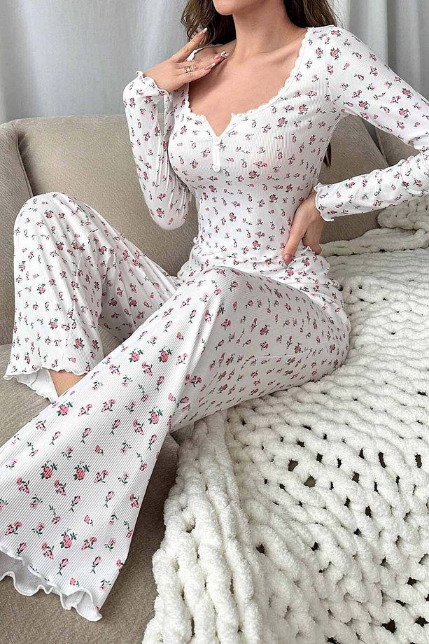 Çiçek Desenli Uzun Kollu Pijama Takımı - 6